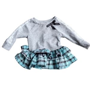 S) Baby Girl Plaid Dress Outfit 12M Gray Long Sleeve Top with Blue Green Plaid